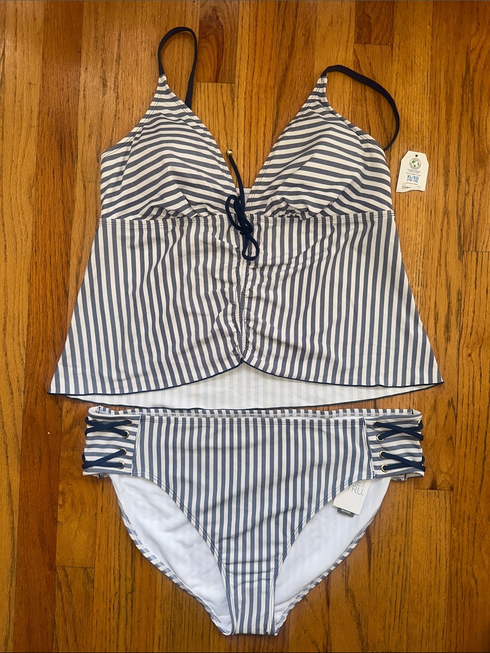 Time & Tru Striped Navy & White Tankini Set - Women Swim